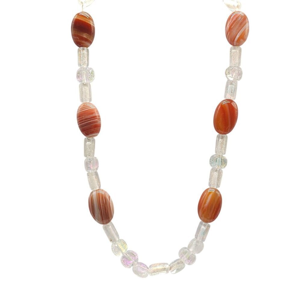 Vintage Glass Bead Necklace With Striped Agate Iridescent Beads Lobster Clasp